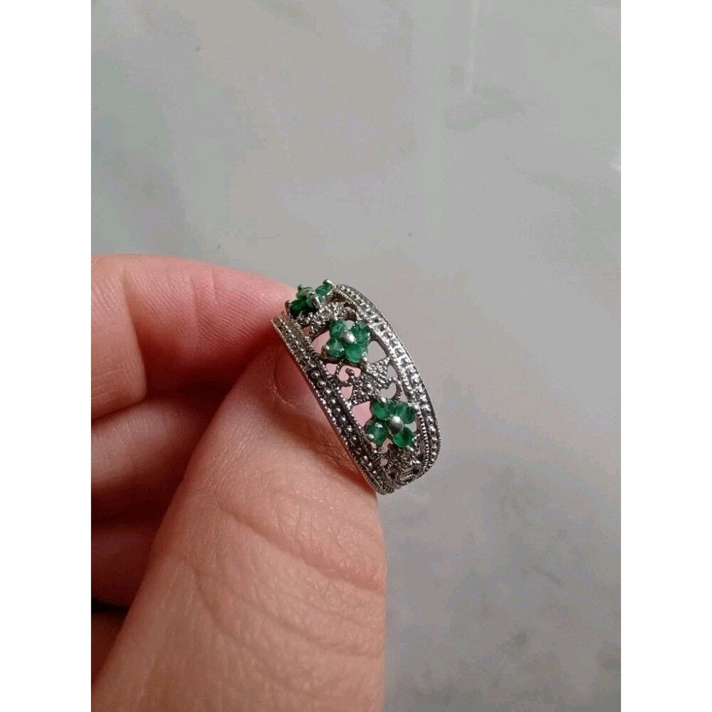 Women's Sterling Silver, Emerald, And CZ Diamond Flower Ring Signed CC Size 7 - Picture 11 of 12